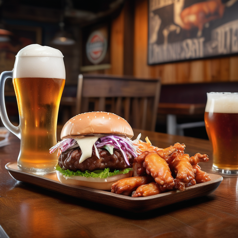 A table holds Miller's Ale House delights including a burger, beer, wings, and coleslaw.