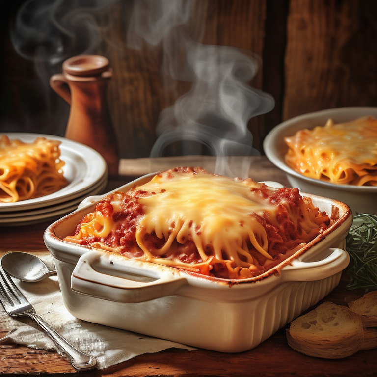 A tantalizing dish of Spasagna with melted cheddar on a rustic wooden table, bathed in warm sunlight.