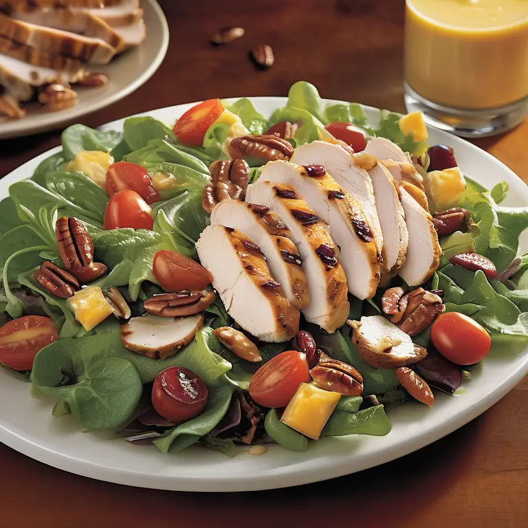 Grilled chicken salad with pecans, greens, and cherry tomatoes on a plate.