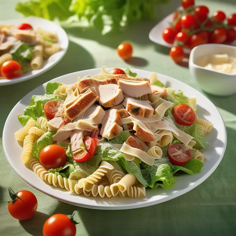 Digital illustration of a Chicken Caesar Pasta Salad with grilled chicken, vegetables, and pasta.