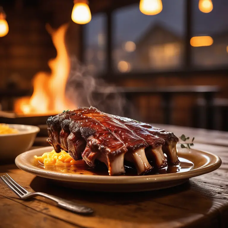 Tender baby back ribs on a plate with cutlery, soft restaurant lighting in the background.