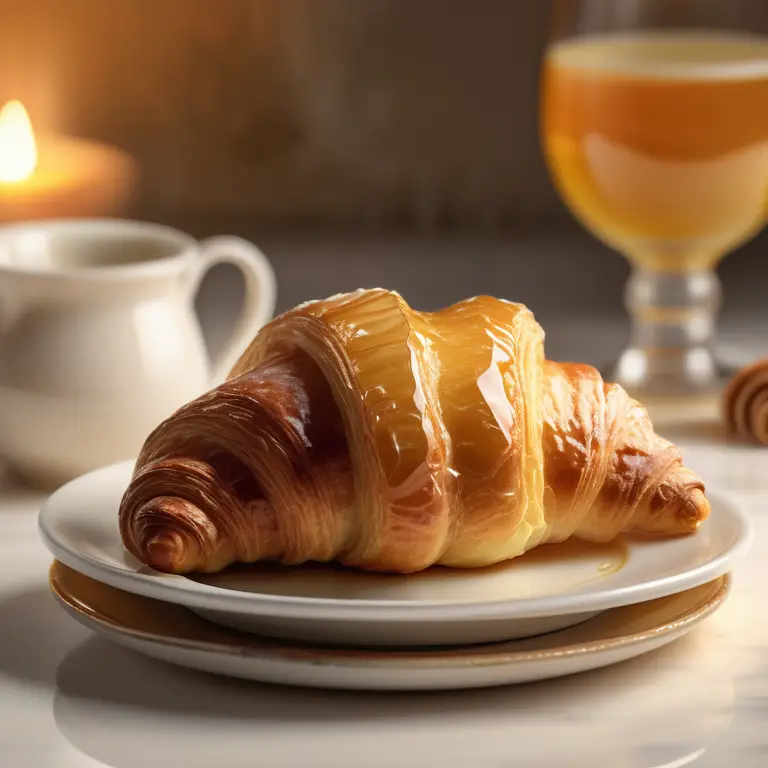 Golden-brown croissant with honey butter on a plate, a glass of mead in the warm-lit background.