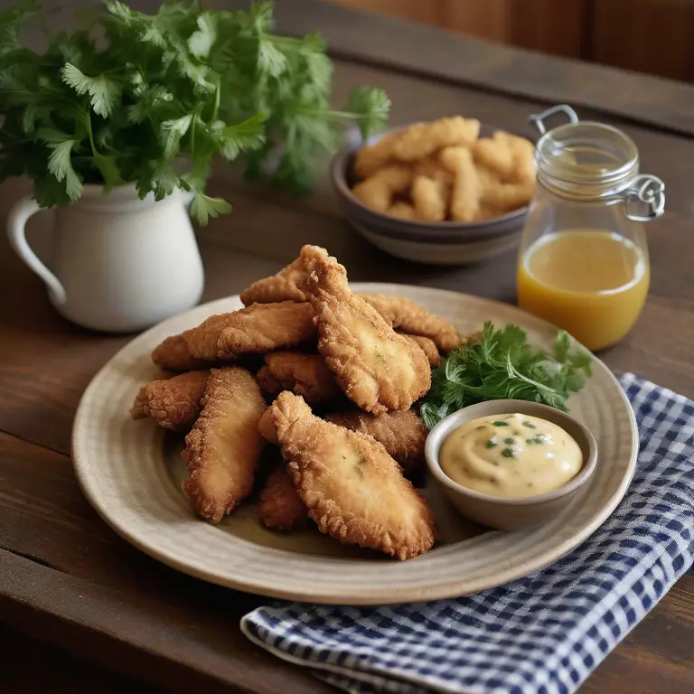 A plate of crispy chicken tenders with a bowl of dipping sauce, on a wooden table with herbs and flour.